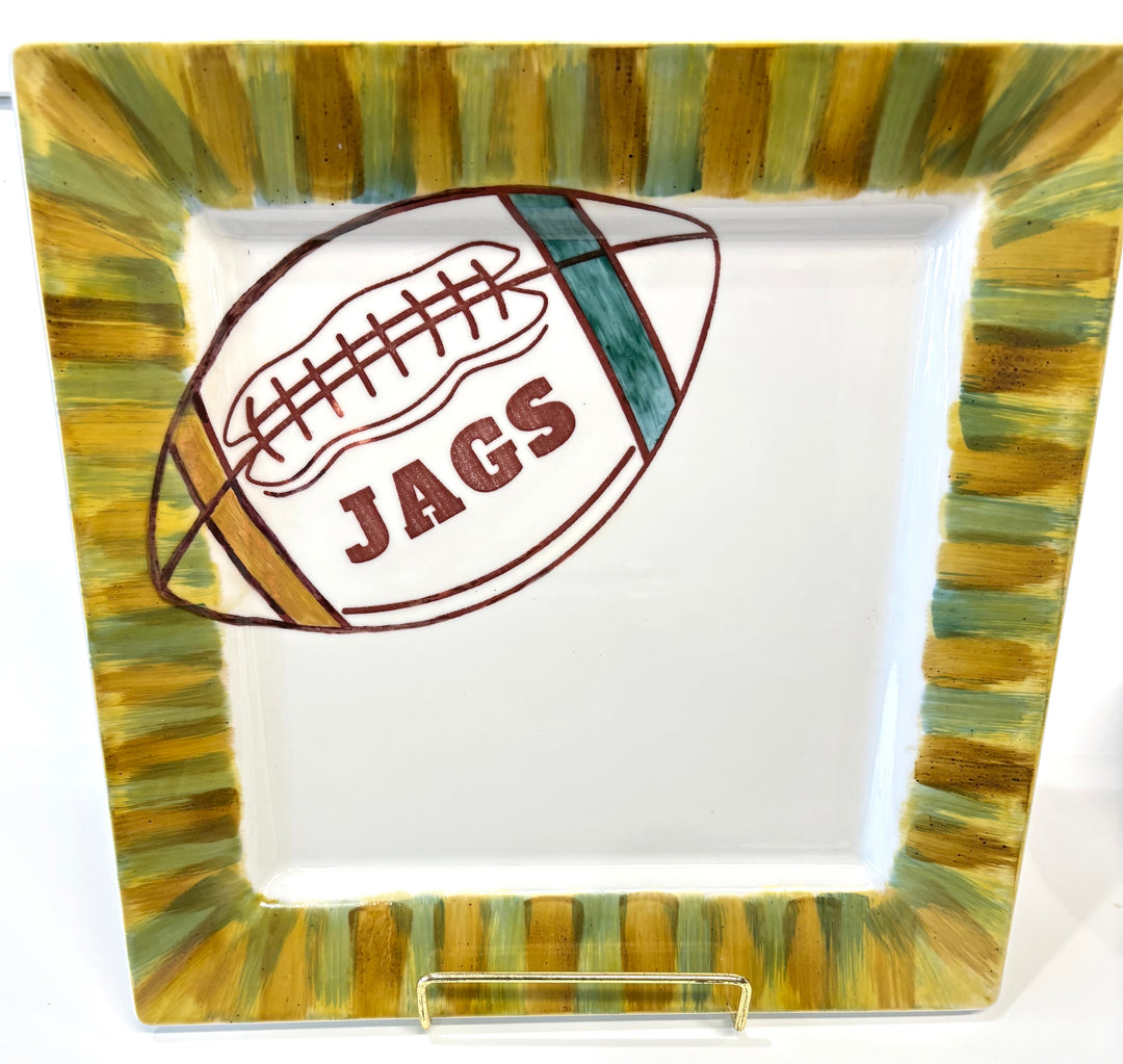 10-Inch Square White Plate – Hand-Painted Football JAGS Design