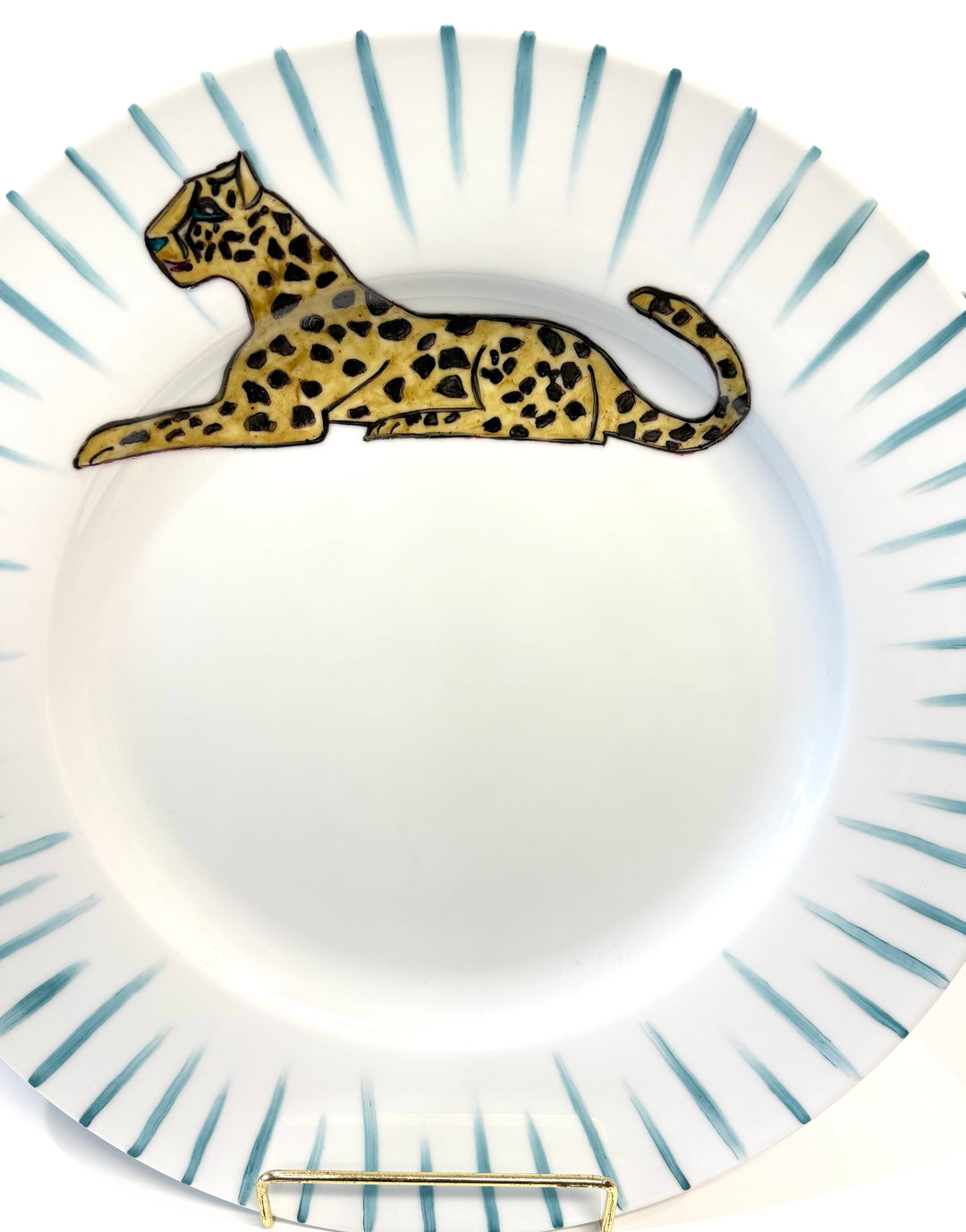12-Inch Round White Plate – Hand-Painted Jaguar with Teal Striped Rim