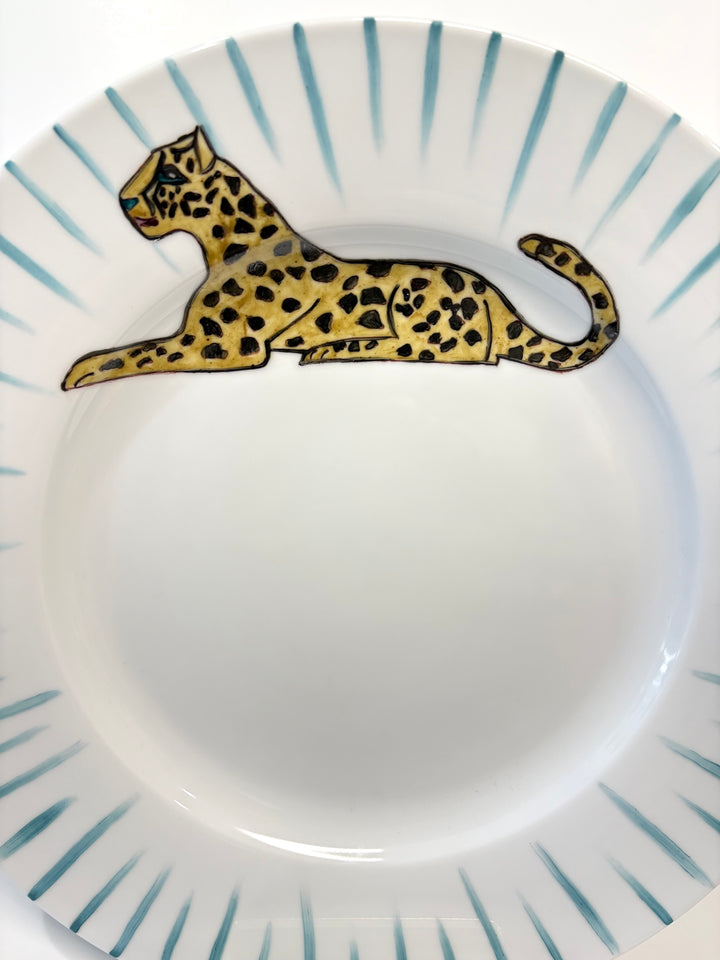 12-Inch Round White Plate – Hand-Painted Jaguar with Teal Striped Rim