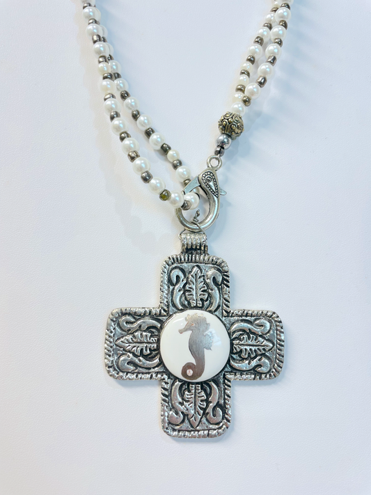 Seahorse Necklace, cross pendant