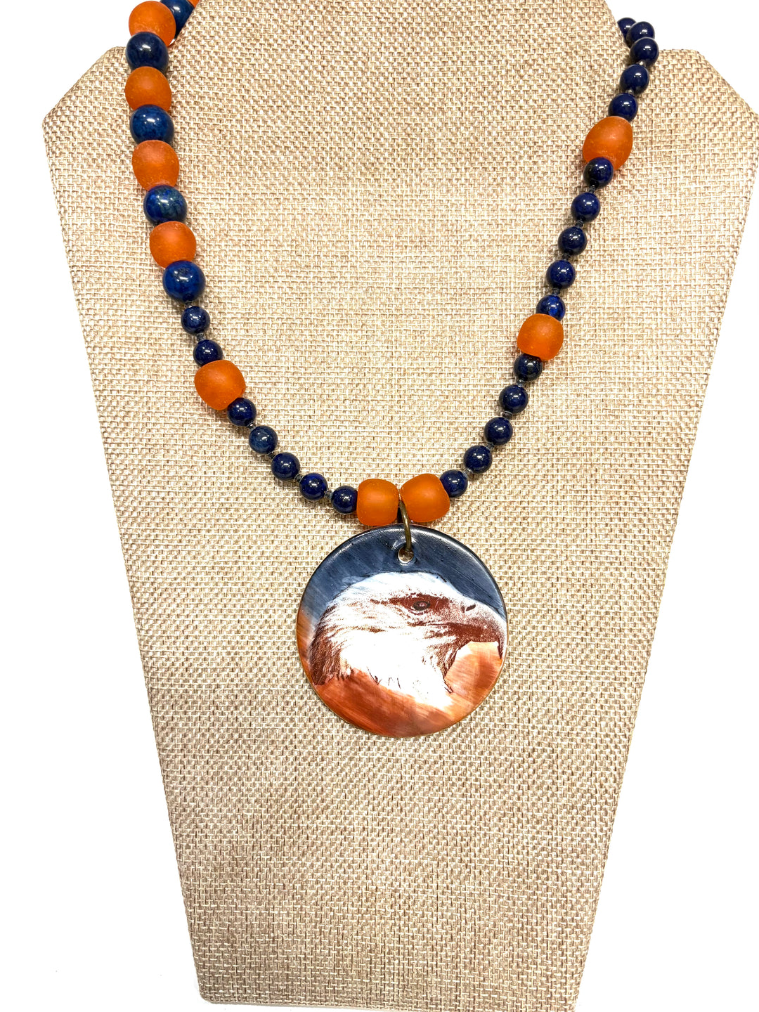 Hand-Painted Porcelain Pendant Necklace – Orange & Blue Beaded