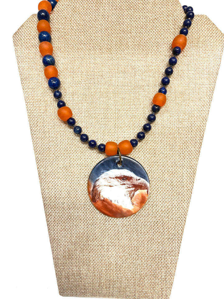 Hand-Painted Porcelain Pendant Necklace – Orange & Blue Beaded