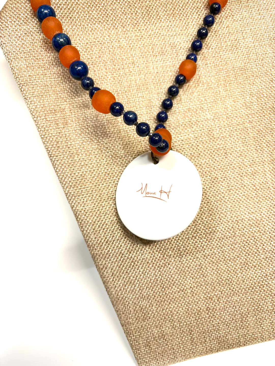 Hand-Painted Porcelain Pendant Necklace – Orange & Blue Beaded