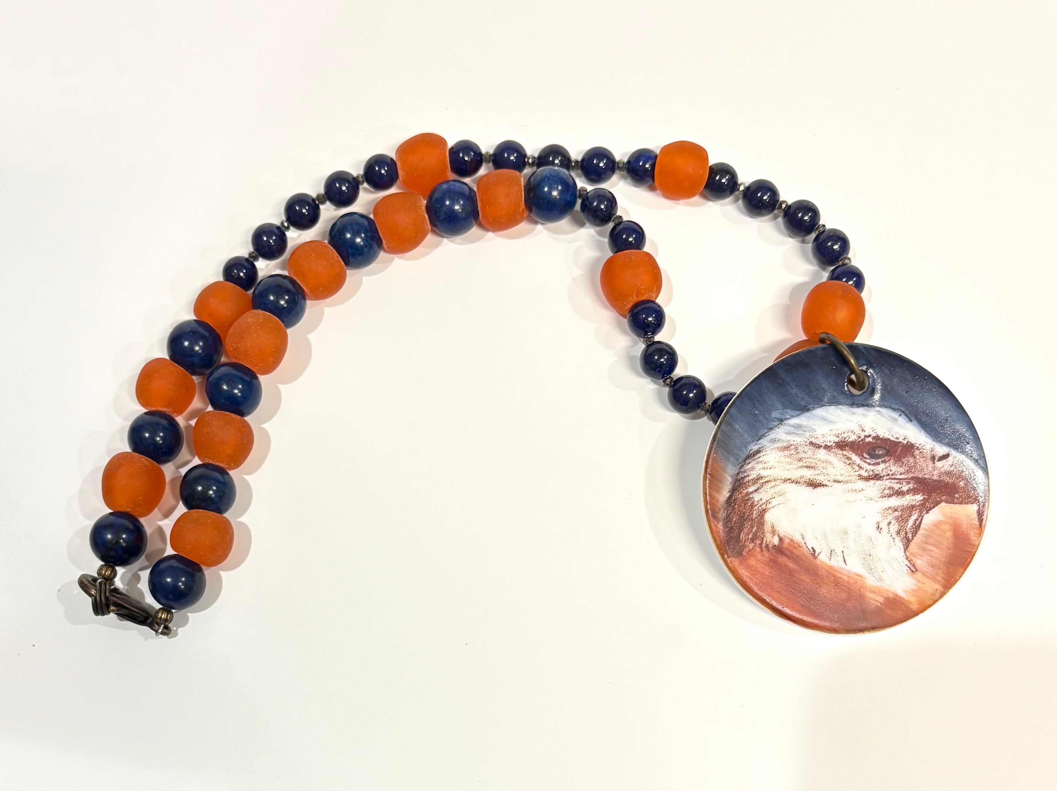 Hand-Painted Porcelain Pendant Necklace – Orange & Blue Beaded Eagle