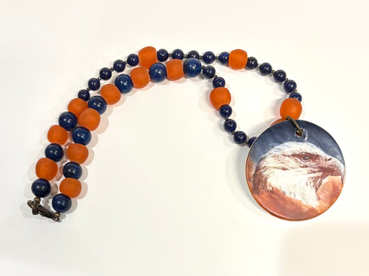 Hand-Painted Porcelain Pendant Necklace – Orange & Blue Beaded
