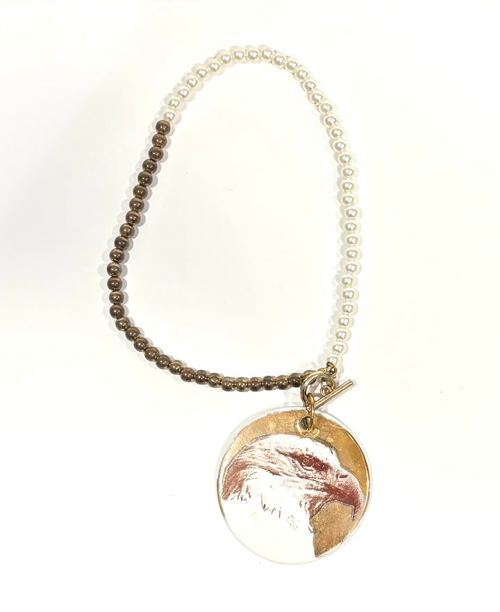 Hand-Painted Eagle Porcelain Pendant Necklace with Gold Accents