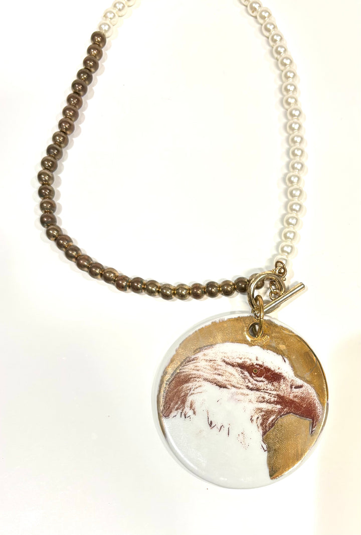 Hand-Painted Eagle Porcelain Pendant Necklace with Gold Accents
