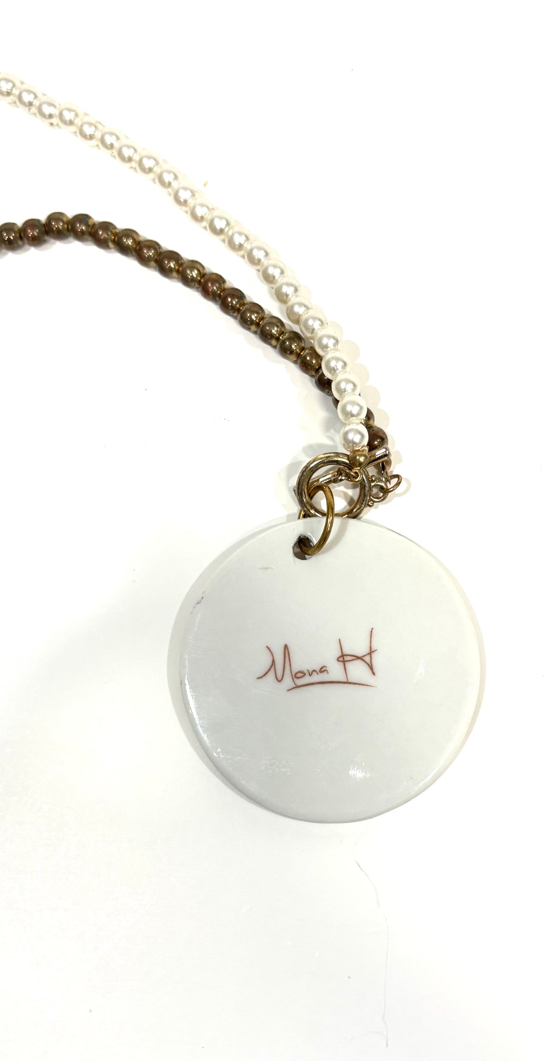 Hand-Painted Eagle Porcelain Pendant Necklace with Gold Accents