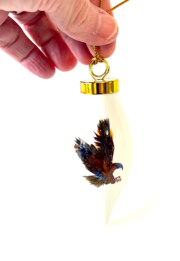 Hand-Painted War Eagle White Porcelain Teardrop Ornament – 3.75"
