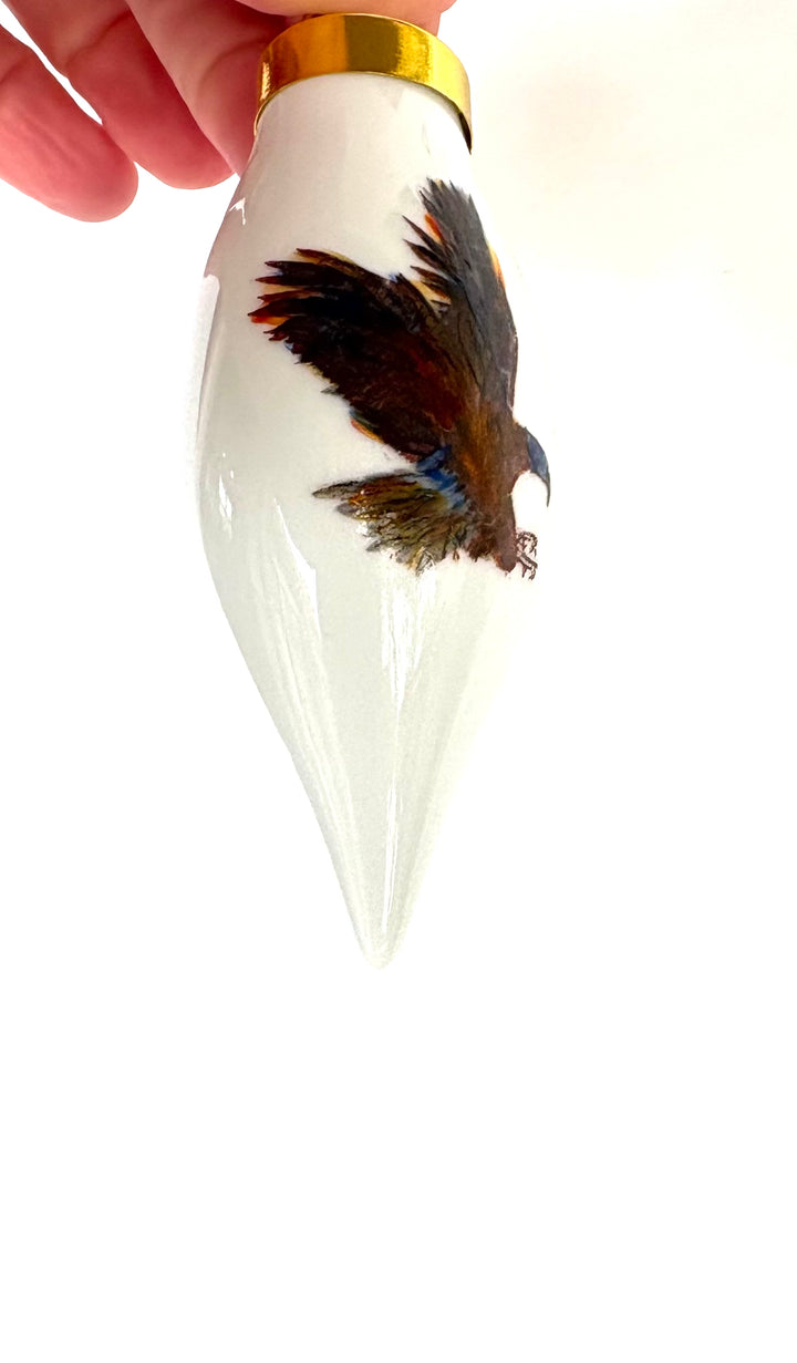 Hand-Painted War Eagle White Porcelain Teardrop Ornament – 3.75"