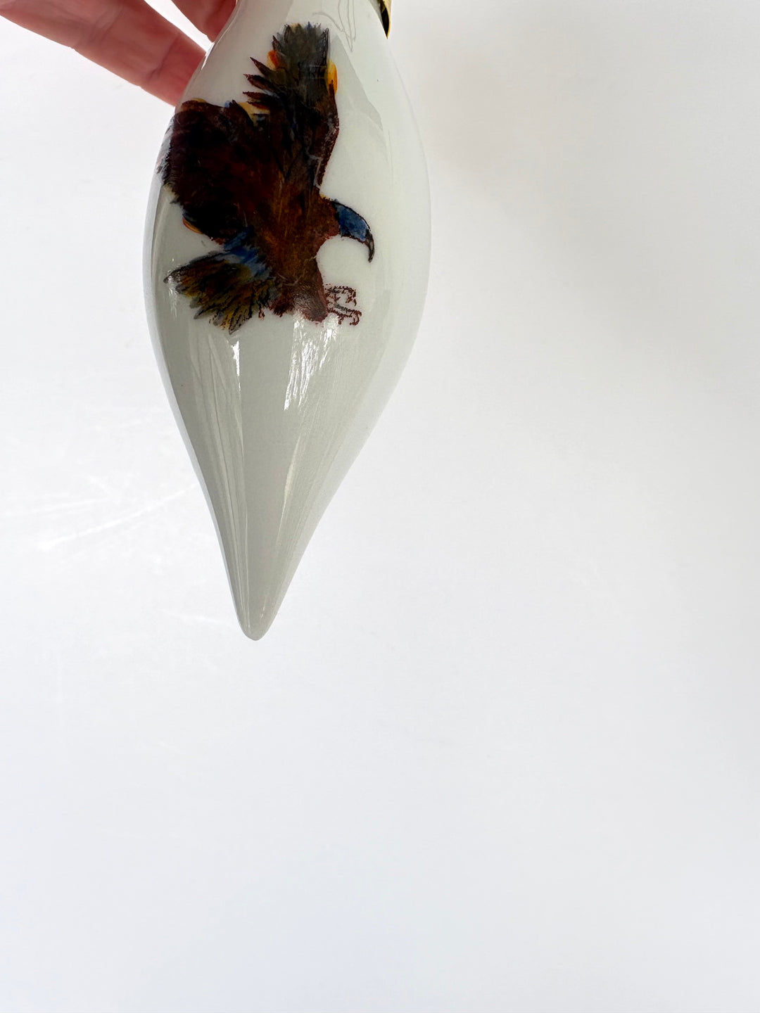 Hand-Painted War Eagle White Porcelain Teardrop Ornament – 3.75"