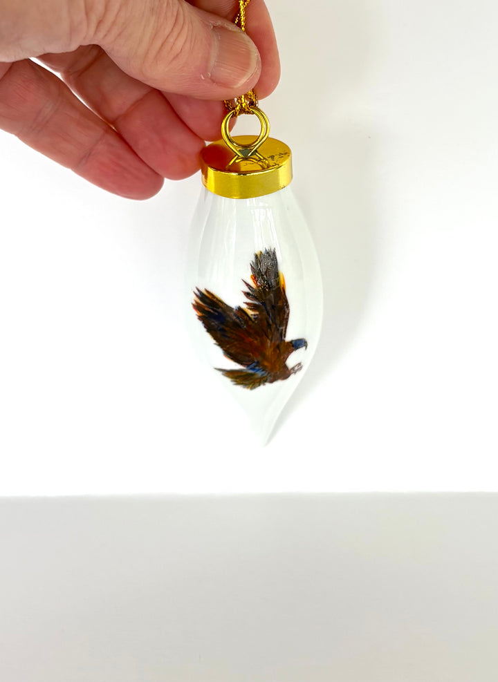 Hand-Painted War Eagle White Porcelain Teardrop Ornament – 3.75"