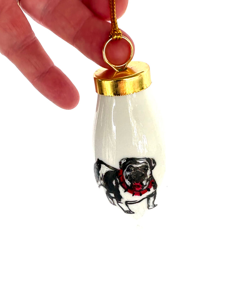 Hand-Painted Bulldog “Dawgs” White Porcelain Teardrop Ornament – 3.75"