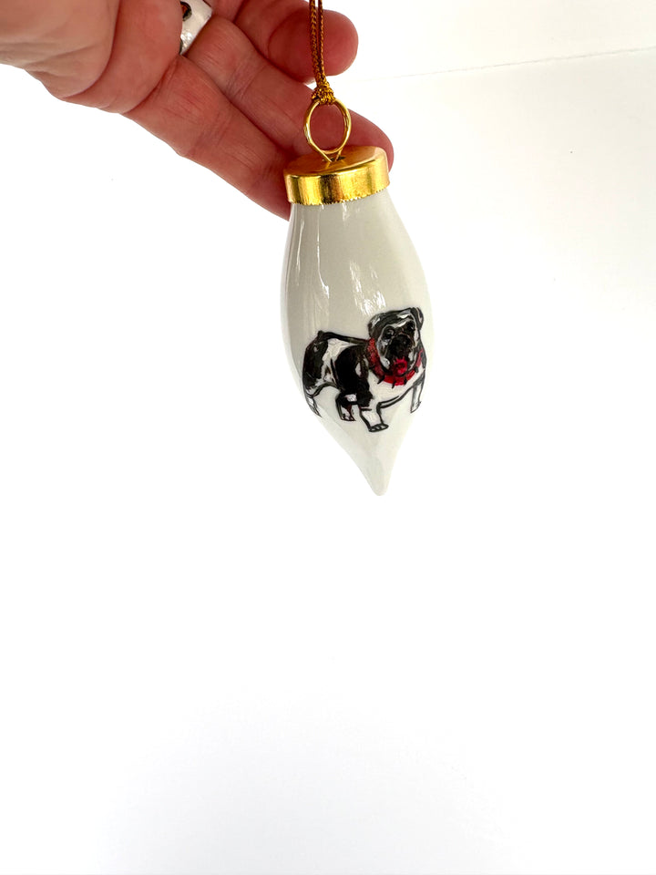 Hand-Painted Bulldog “Dawgs” White Porcelain Teardrop Ornament – 3.75"