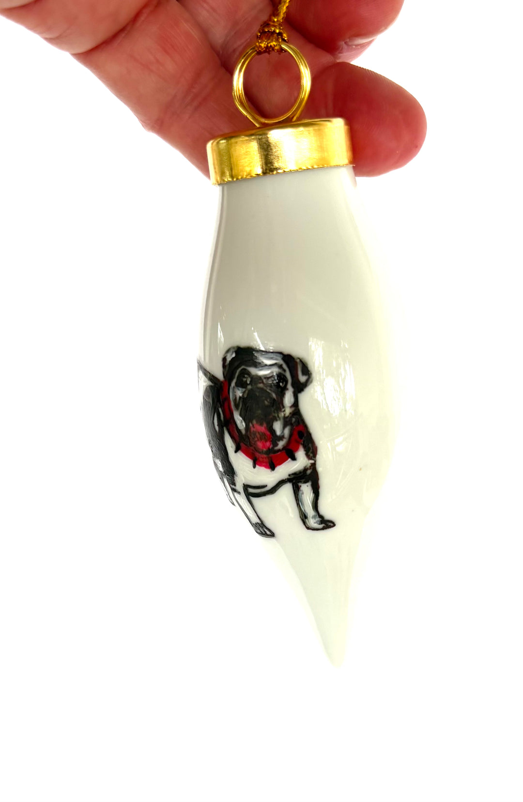 Hand-Painted Bulldog “Dawgs” White Porcelain Teardrop Ornament – 3.75"