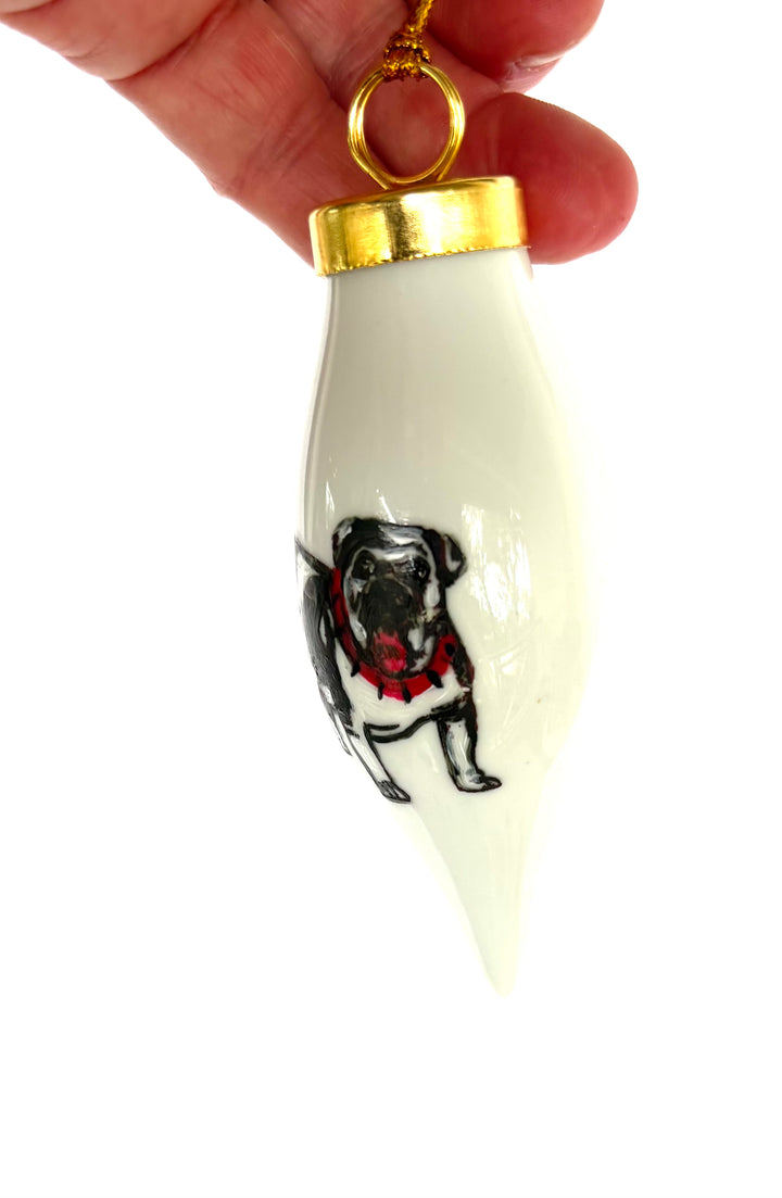 Hand-Painted Bulldog “Dawgs” White Porcelain Teardrop Ornament – 3.75"