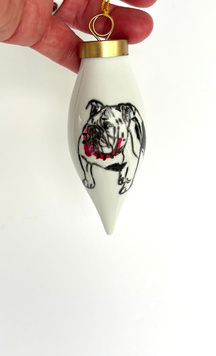 Hand-Painted Bulldog “Dawgs” White Porcelain Teardrop Ornament – 3.75"