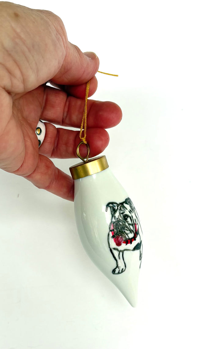 Hand-Painted Bulldog “Dawgs” White Porcelain Teardrop Ornament – 3.75"