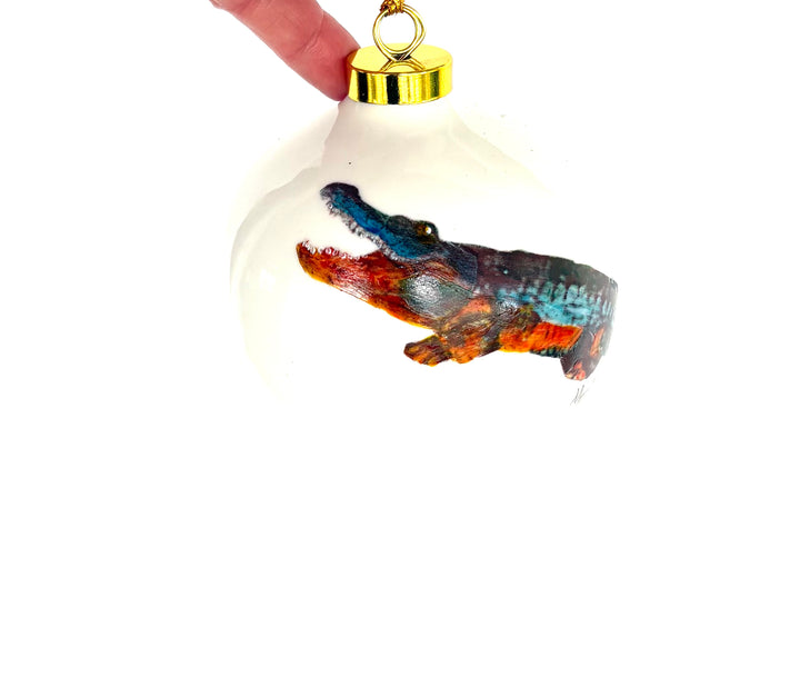 Hand-Painted Orange & Blue Gator White Porcelain Round Ornament – 3.75"