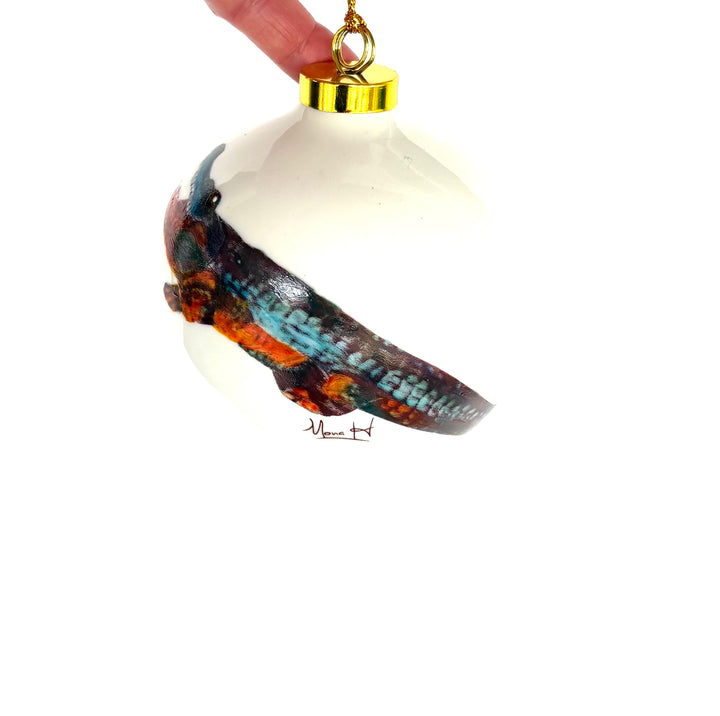 Hand-Painted Orange & Blue Gator White Porcelain Round Ornament – 3.75"