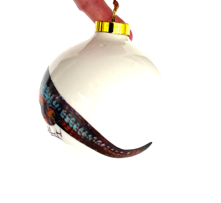 Hand-Painted Orange & Blue Gator White Porcelain Round Ornament – 3.75"