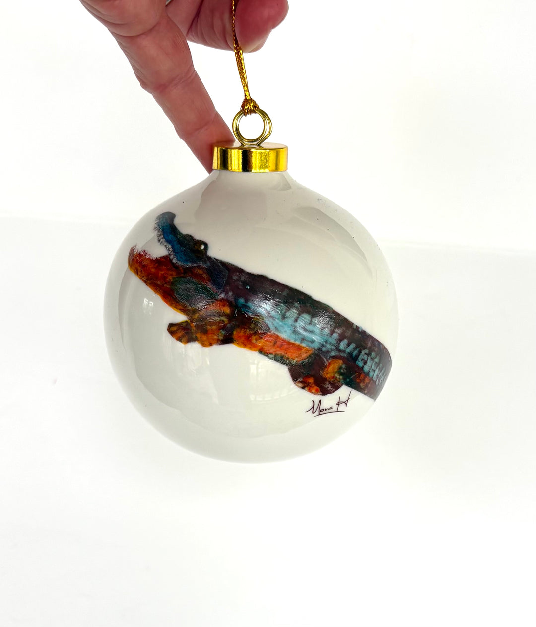 Hand-Painted Orange & Blue Gator White Porcelain Round Ornament – 3.75"