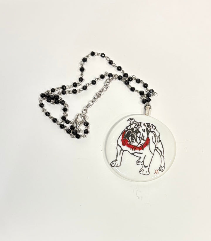 Hand-Painted Bulldog Round Porcelain Pendant on Beaded Necklace