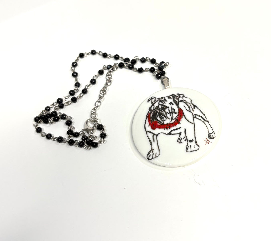 Hand-Painted Bulldog Round Porcelain Pendant on Beaded Necklace