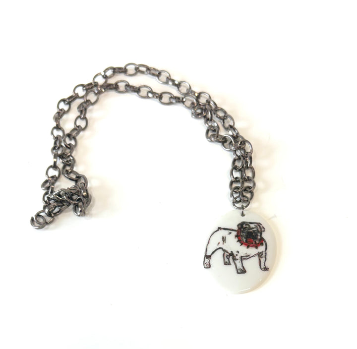 White Oval Porcelain Pendant with Hand-Painted Bulldog