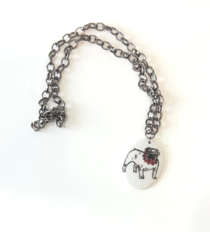 White Oval Porcelain Pendant with Hand-Painted Bulldog