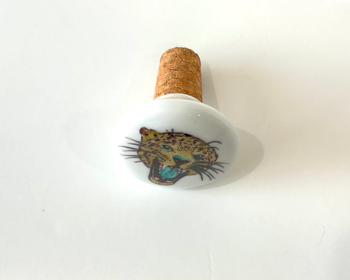Hand-Painted Jaguar Face White Porcelain Wine Stopper