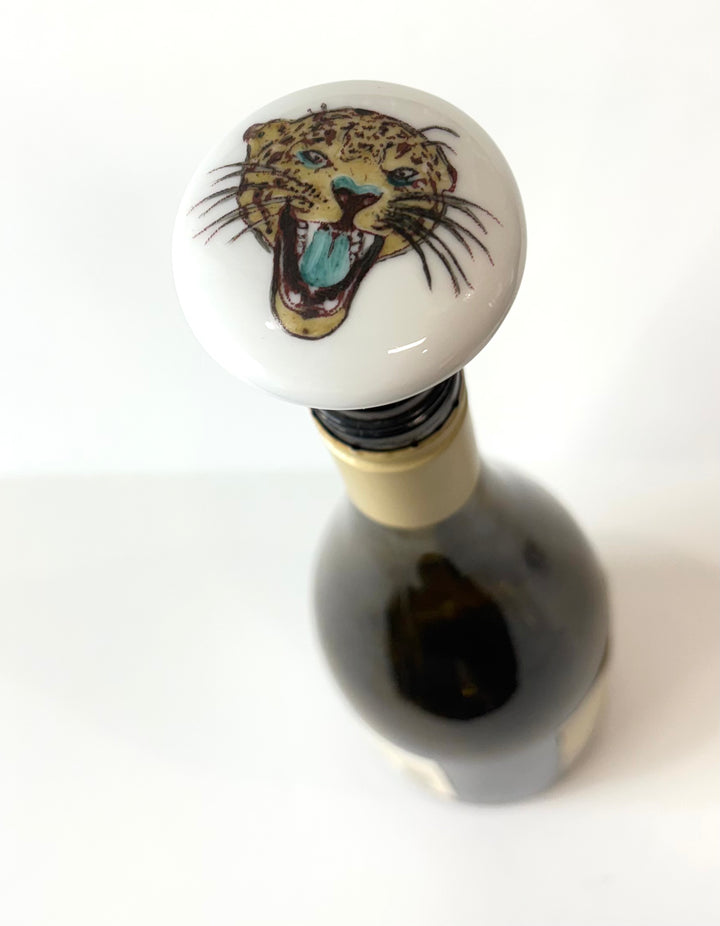 Hand-Painted Jaguar Face White Porcelain Wine Stopper
