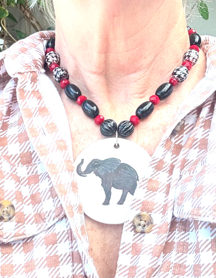 Hand-Painted Elephant Round White Porcelain Pendant on Beaded Necklace