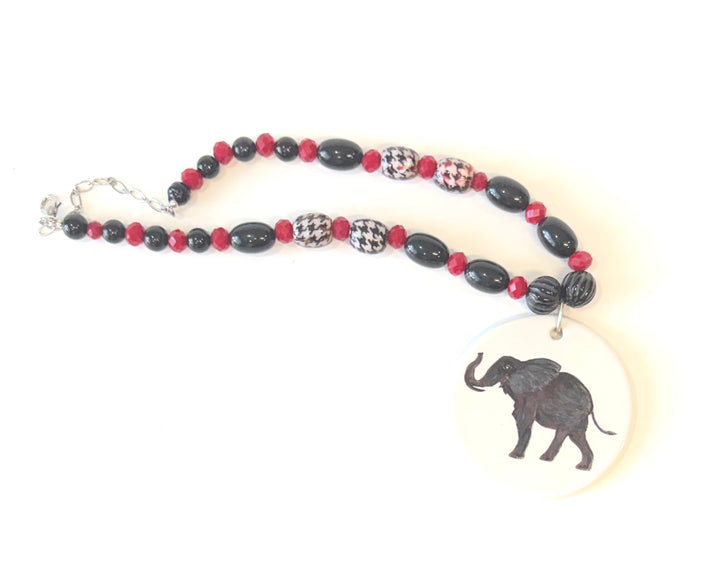 Hand-Painted Elephant Round White Porcelain Pendant on Beaded Necklace
