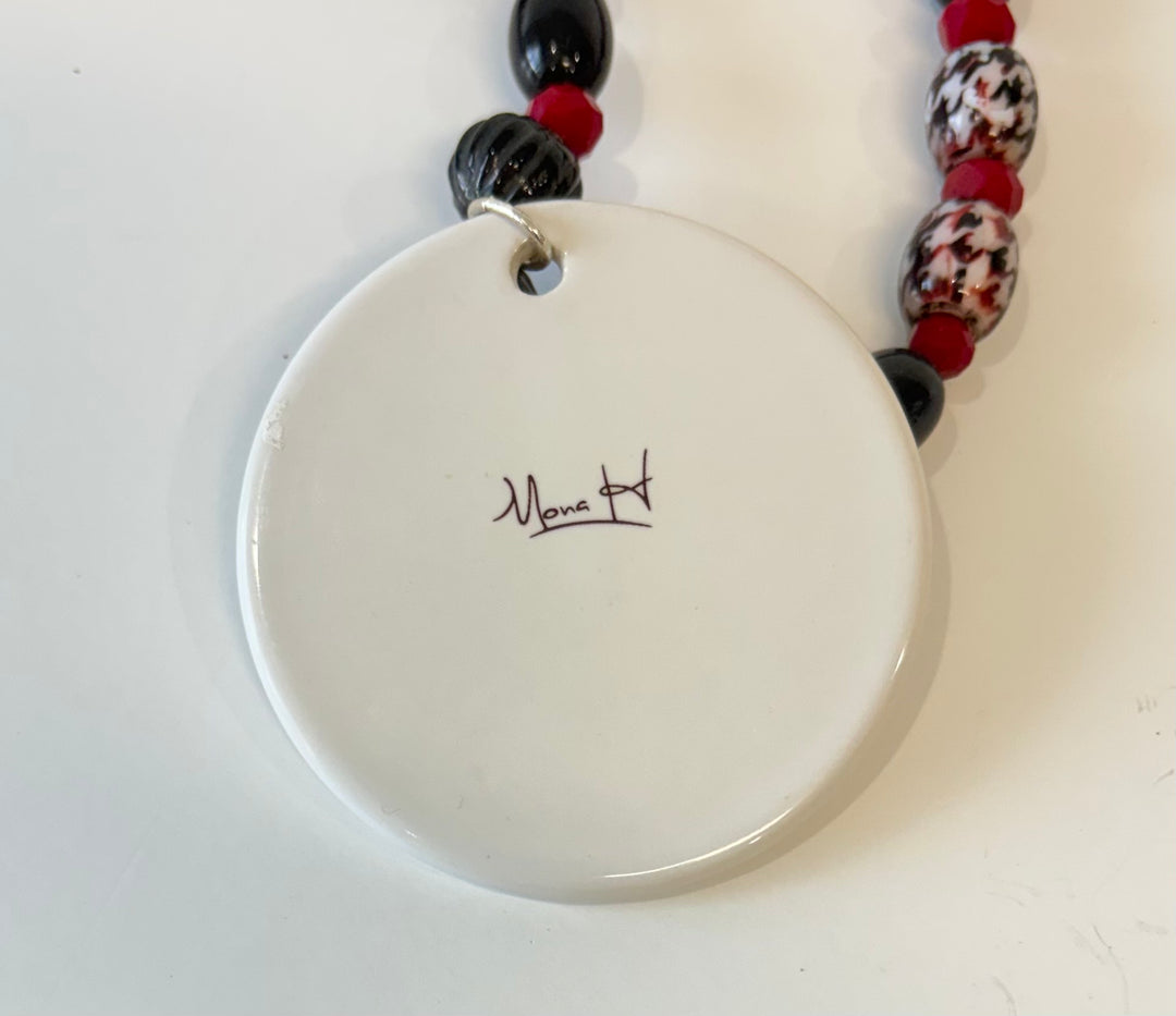 Hand-Painted Elephant Round White Porcelain Pendant on Beaded Necklace