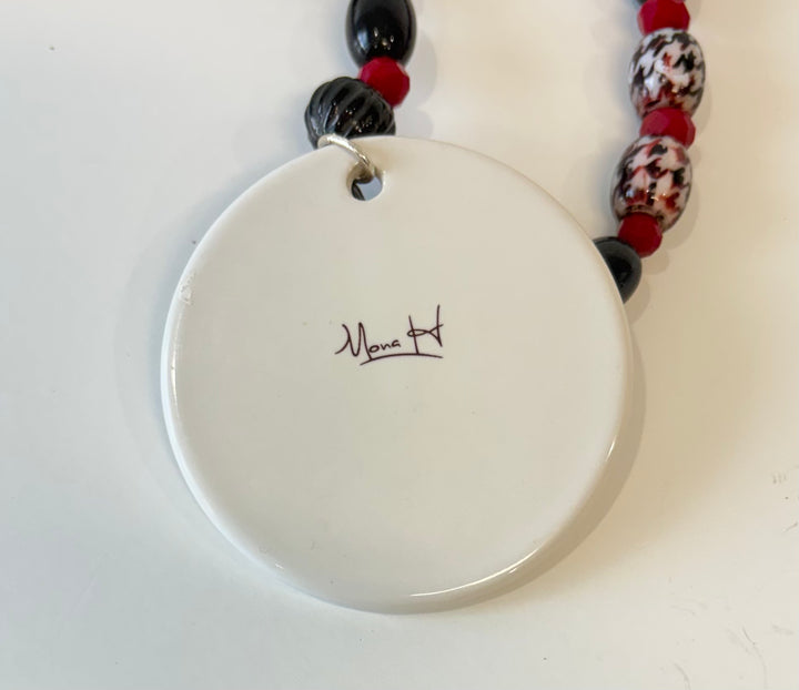 Hand-Painted Elephant Round White Porcelain Pendant on Beaded Necklace