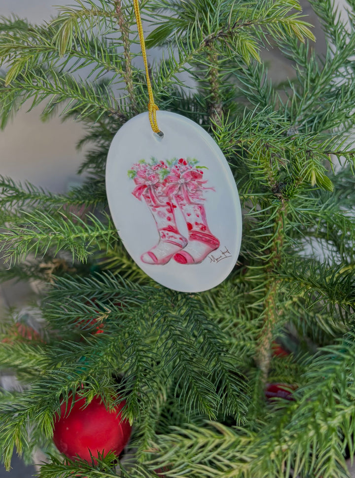 White Porcelain Oval Ornament with Hand-Painted Christmas Stockings