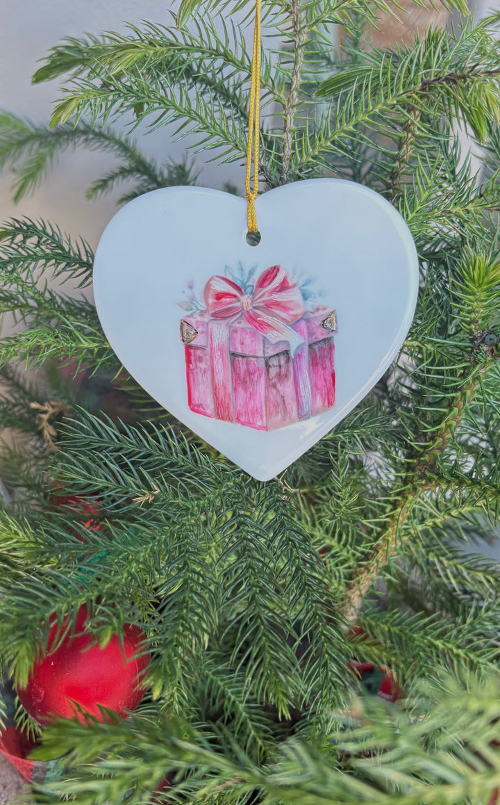 Hand-Painted Package Heart Porcelain Ornament