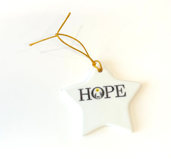 White Porcelain Star Ornament with “Hope” and Manger Scene
