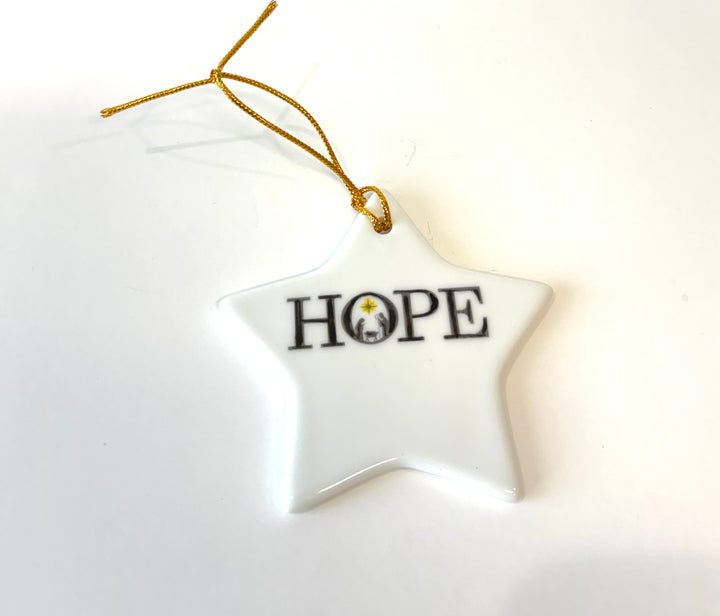 White Porcelain Star Ornament with “Hope” and Manger Scene
