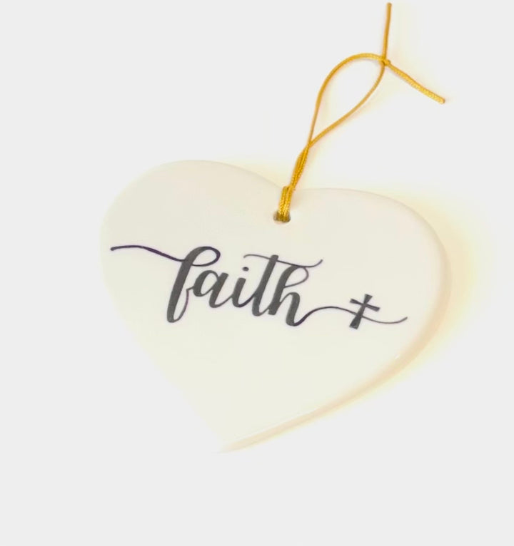 White Porcelain Heart Ornament “Faith” Hand Painted