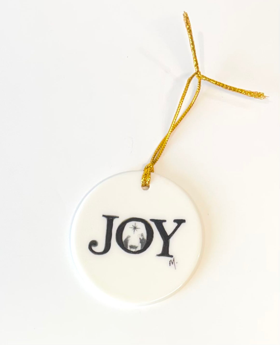 White Round Porcelain Ornament – “JOY” with Manger Scene, 2.75”