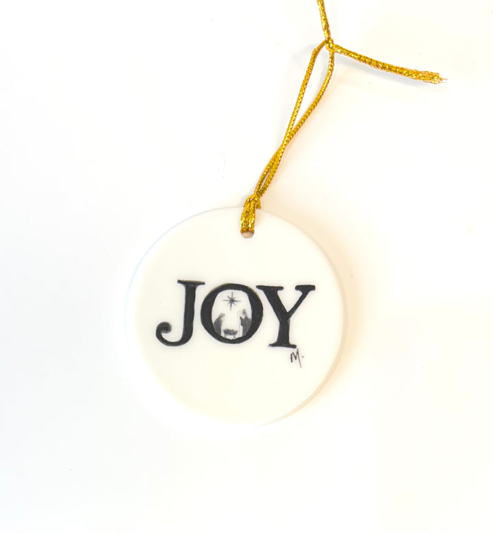 White Round Porcelain Ornament – “JOY” with Manger Scene, 2.75”