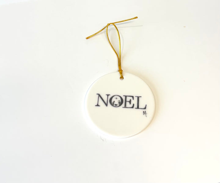 White Round Porcelain Ornament – “Noel” with Manger Scene, 2.75”