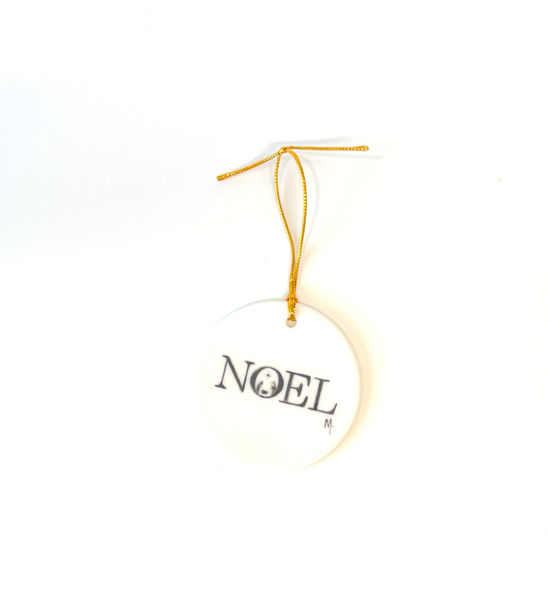 White Round Porcelain Ornament – “Noel” with Manger Scene, 2.75”