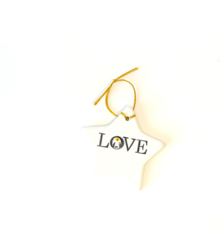 White Star Porcelain Ornament – “Love” with Manger Scene, 3.5”