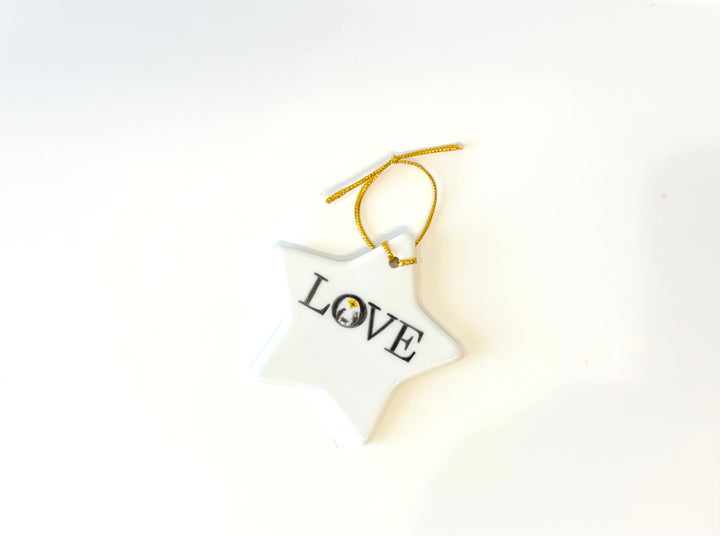 White Star Porcelain Ornament – “Love” with Manger Scene, 3.5”