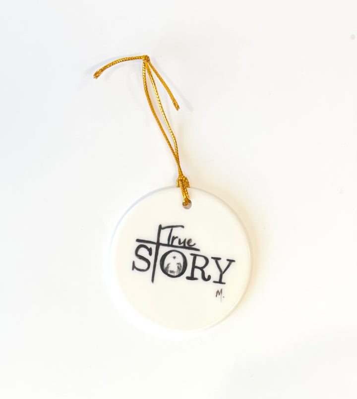 White Round Porcelain Ornament – “True Story” with Manger Scene, 2.5”