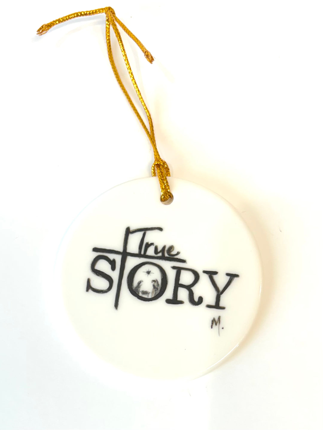 White Round Porcelain Ornament – “True Story” with Manger Scene, 2.5”