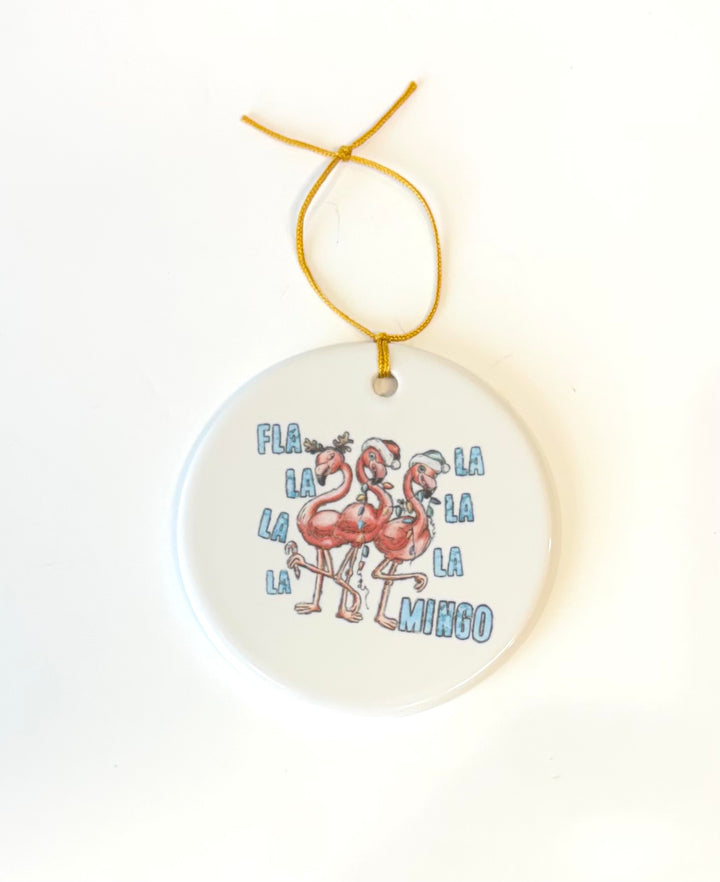 White Round Porcelain Ornament – Flamingos, 2.75”